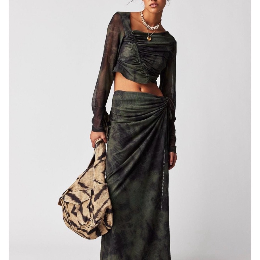 Free People Dark Olive Green Ruched Maxi shirt and Top set